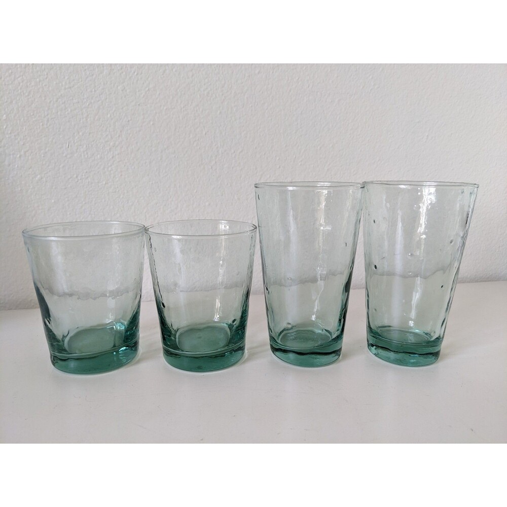 Libbey Chivalry Spanish Green Embossed Hand Blown Rocks Glass Bar Tumblers Set 4